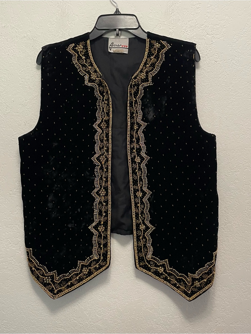 Vintage Velvet Beaded Vest Gold Floral Boho Festival Gypsy Folk Embroidery M